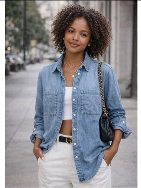 Lola River Womens Chambray Button Up Shirt Size XS Blue Roll Tab Tencel